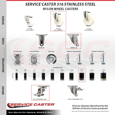 Service Caster 4 Inch 316SS Nylon Wheel Swivel 1-5/8 Inch Expanding Stem Caster with Brake SCC SCC-SS316EX20S414-NYS-TLB-158